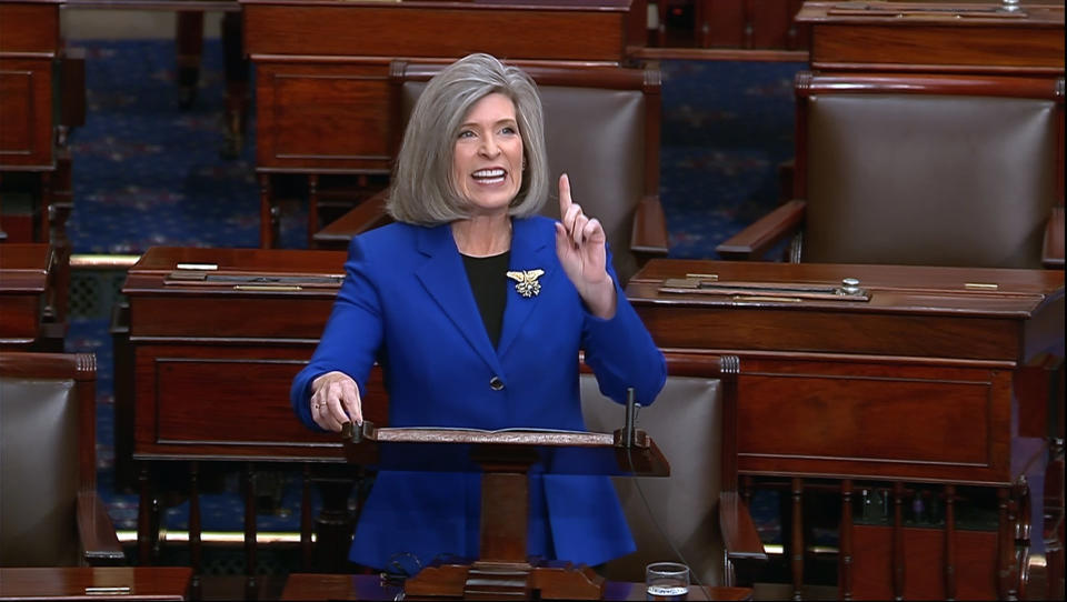 This image from Senate Television video shows Sen. Joni Ernst, R-Iowa, speaking on the Senate floor Wednesday, Nov. 1, 2023. Republican senators angrily challenged Sen. Tommy Tuberville on his blockade of almost 400 military officers Wednesday evening, taking over the Senate floor for hours to call for individual confirmation votes after a monthslong stalemate on the issue. (Senate Television via AP)