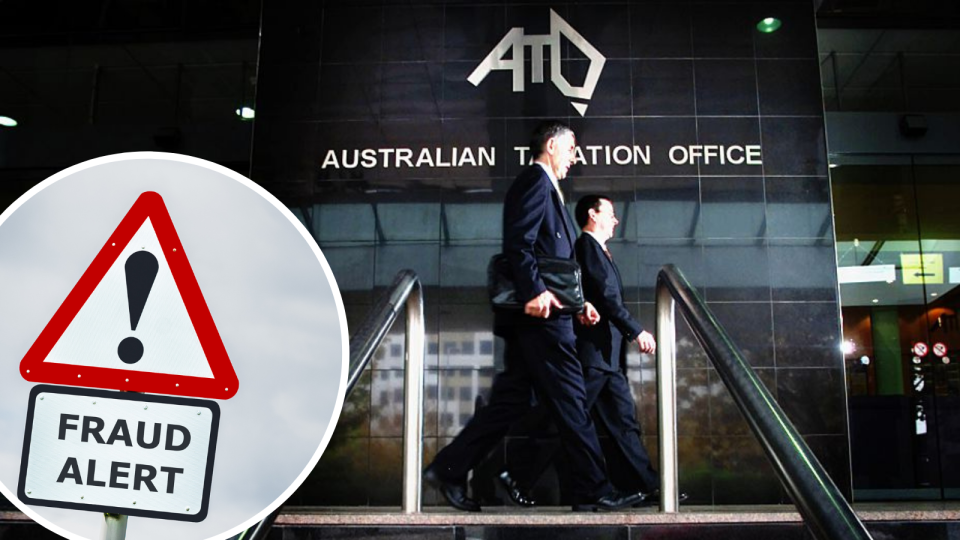 Image of men walking past Australian Taxation Office, FRAUD ALERT sign