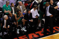 MIAMI, FL - MAY 30: Paul Pierce #34 of the Boston Celtics talks with head coach Doc Rivers (R) after Pierce fouled out in the fourth quarter against the Miami Heat in Game Two of the Eastern Conference Finals in the 2012 NBA Playoffs on May 30, 2012 at American Airlines Arena in Miami, Florida. NOTE TO USER: User expressly acknowledges and agrees that, by downloading and or using this photograph, User is consenting to the terms and conditions of the Getty Images License Agreement. (Photo by J. Meric/Getty Images)