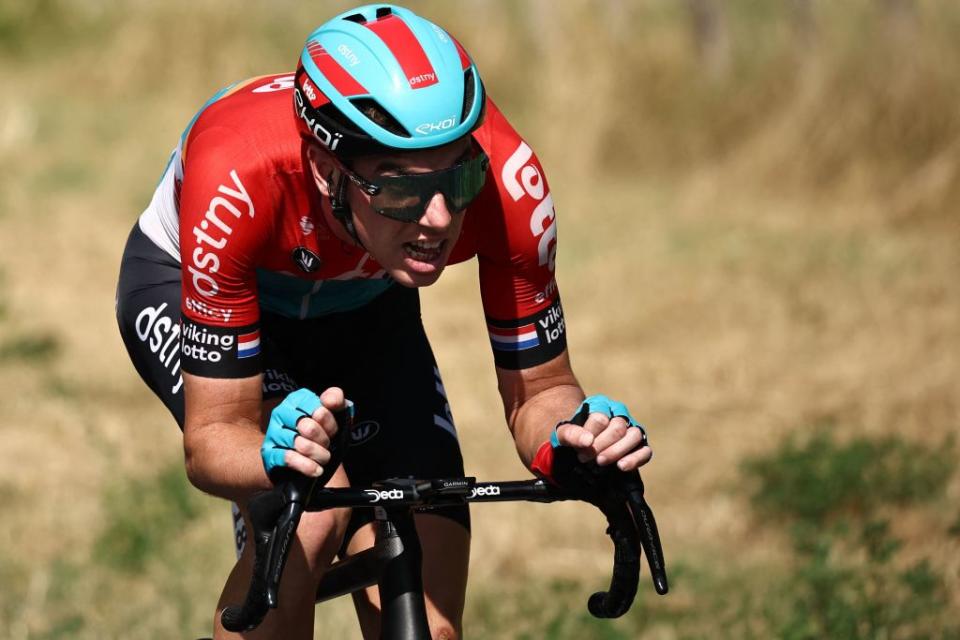 Lotto Dstnys Dutch rider Pascal Eenkhoorn cycles in a breakaway during the 18th stage of the 110th edition of the Tour de France cycling race 184 km between Moutiers and BourgenBresse in the French Alps on July 20 2023 Photo by AnneChristine POUJOULAT  AFP Photo by ANNECHRISTINE POUJOULATAFP via Getty Images