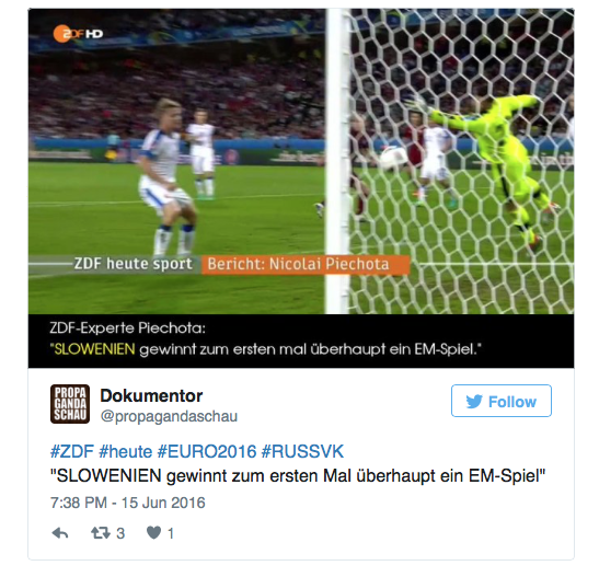 <p>Die "heute"-Nachrichten im ZDF blamierten sich, als sie verkündeten, dass Slowenien zum ersten Mal überhaupt ein EM-Spiel gewonnen habe. Gegen Russland spielte aber die Slowakei. (Bild: Twitter/Propagandaschau) </p>