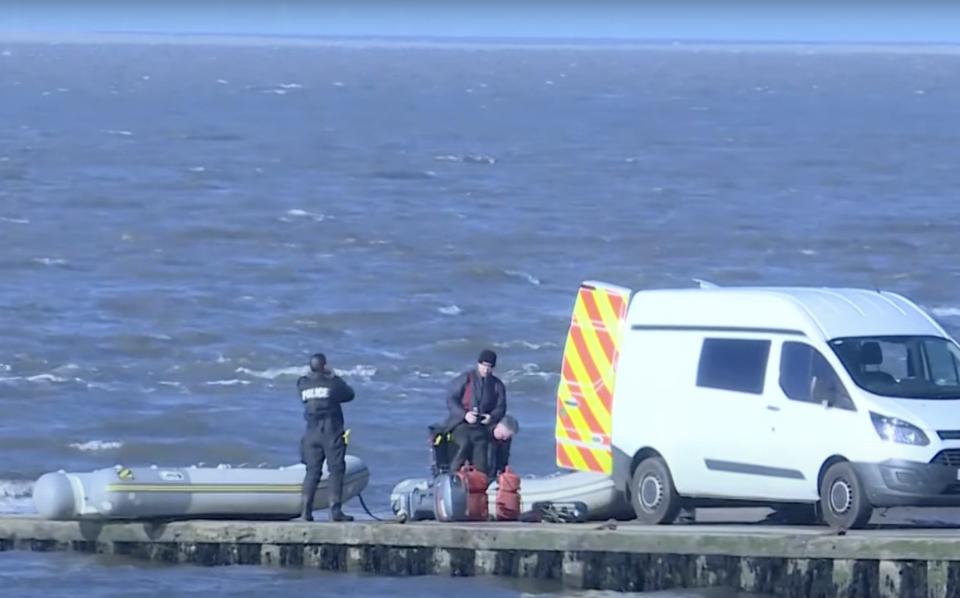 Two specialist police boat teams were seen at Morecambe Bay before moving further upstream - Sky News