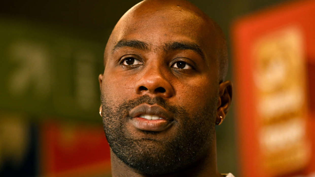 French judo star Teddy Riner, favorite of the men's +100kg category, addresses the press on July 9, 2022 at the Grand Slam Judo Championship in Budapest, Hungary. (Photo by ATTILA KISBENEDEK / AFP)