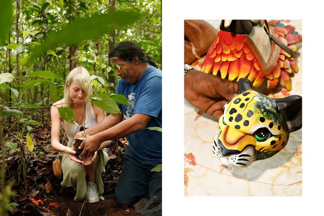 <p>Lebo Lukewarm/Courtesy of Intrepid Travel</p> From left: Helping reforestation efforts with Elizondo-Castro; wooden masks made by TÃ©rraba artisans.