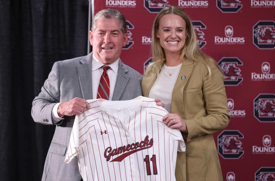 Athletic Director Ray Tanner introduces Ashley Chastain, South Carolina’s new softball head coach, during a press conference at the Cockaboose Club in Columbia on Wednesday, June 12, 2024.