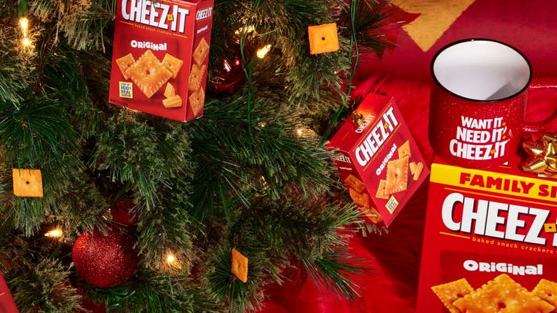 Cheez-It boxes on holiday tree