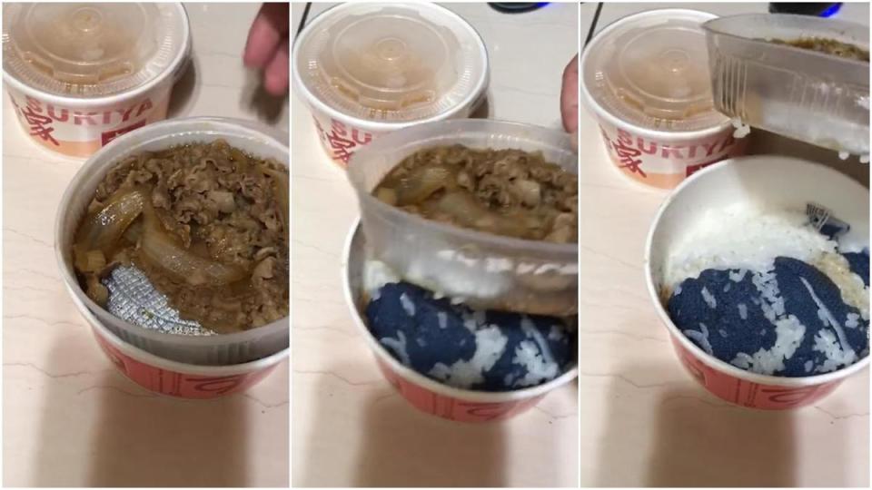 女網友打開外賣送來的牛丼飯，卻發現夾層的白飯中混入一塊藍色抹布。（合成圖，翻攝自爆怨公社臉書）