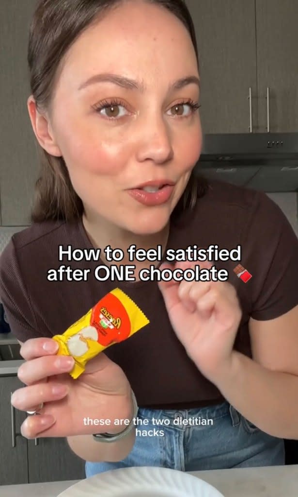 Registered dietitian Miranda Galati is betting you can eat just one chocolate and feel satisfied — if you follow her two tricks, which are consuming the candy earlier in the day and pairing it with healthier foods. real.life.nutritionist, /TikTok