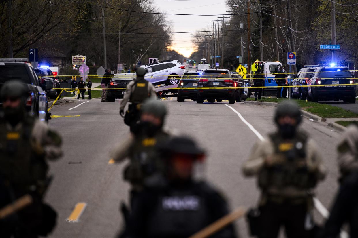 A vehicle is towed away from the scene where Daunte Wright was killed on April 11, 2021 in Brooklyn Center, Minn.