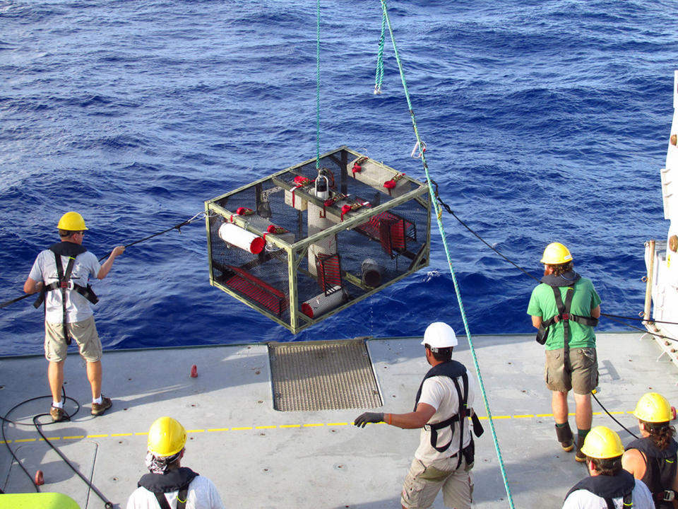 Researchers recover the trap after it landed on the bottom of the Mariana Trench. <cite>Paul Yancey</cite>