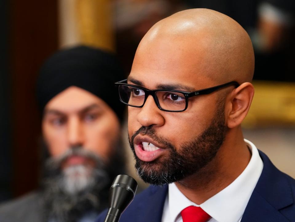 Stephen Brown, CEO of the National Council of Canadian Muslims speaks on Parliament Hill in Ottawa on Monday, April 17, 2023. The organization gave a searing critique of Prime Minister Justin Trudeau, saying they cancelled a Monday meeting because it would not be productive since the group feels the Liberals are failing to push advance hate-crimes legislation and funding nor to hold Israel to account for its bombardment of Palestinians in the Gaza Strip.