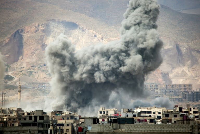 An air strike on the rebel-held parts of the Jobar district on the eastern outskirts of Damascus on March 20, 2017