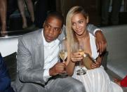 <p>The couple toasted to the 10-year anniversary of Jay-Z's club 40/40.</p>