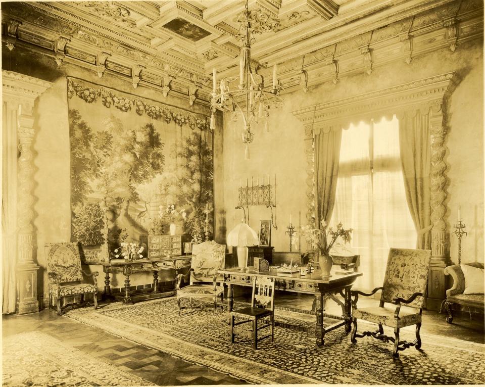 The drawing room of Casa Bendita, known as Phipps Castle, which was built by Addison Mizner in 1922 for John S. Phipps. It was constructed on 28 ocean-to-lake acres. Phipps spent winters there until he died. After his death, his heirs razed the house.