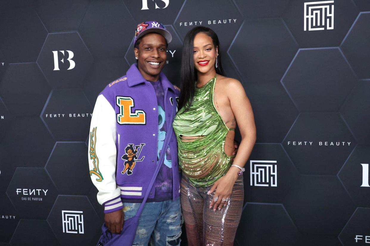 Rihanna Green and Purple Pants Shirt and A$AP Rocky 2022 Fenty Beauty and Skin