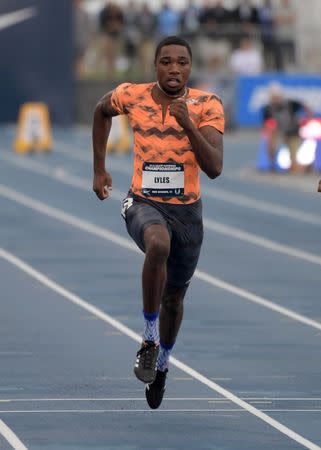 Jun 21, 2018; Des Moines, IA, USA; Noah Lyles wins a 100m heat in 9.92 during the USA Championships at Drake Stadium. Kirby Lee-USA TODAY Sports