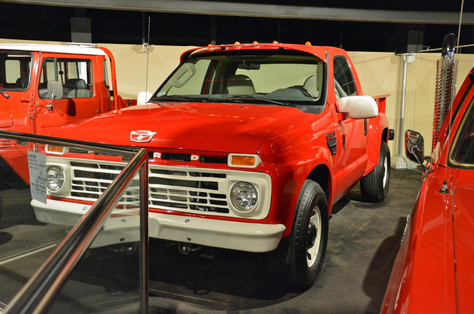 <p>Another enigmatic conversion in the Sheikh’s museum is this 2010 Ford F-250. It was modified to look like a <strong>1966 F-Series</strong> by a private company in the United Arab Emirates. The grille and the headlights are from the <strong>1960s </strong>but they’re mounted on custom-made sheet metal. The step-side cargo box looks custom-made, too.</p>