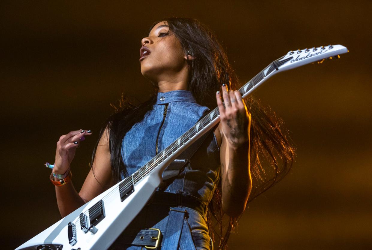 Willow performs on the Mojave stage during the Coachella Valley Music and Arts Festival at the Empire Polo Club in Indio, California, Sunday, April 16, 2023.