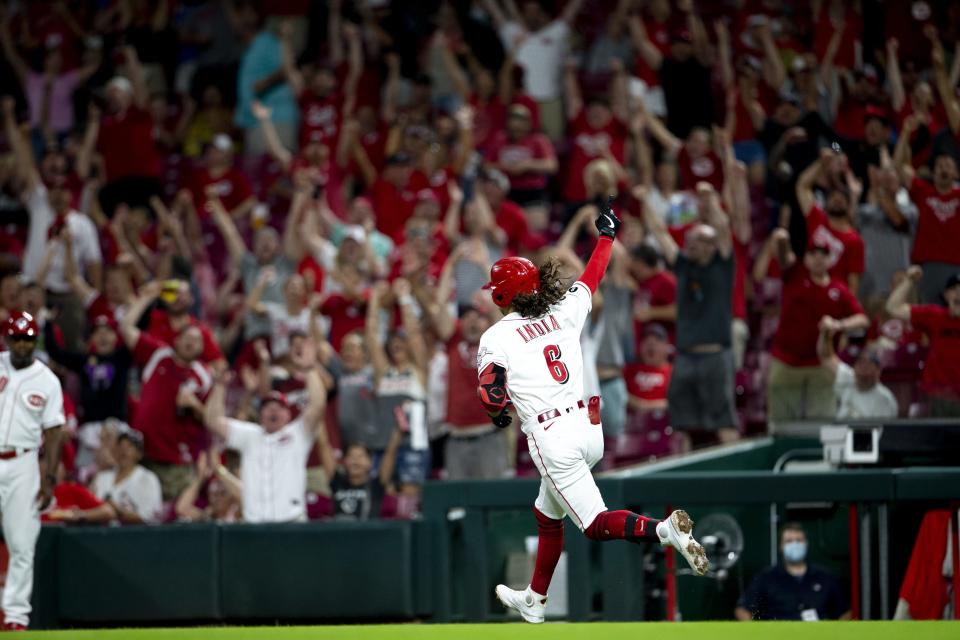 Cincinnati Reds second baseman Jonathan India (6) rounds first after hitting a home run to tie the game in the eighth inning of the MLB baseball game between Cincinnati Reds and Milwaukee Brewers on Saturday, July 17, 2021, at Great American Ball Park.