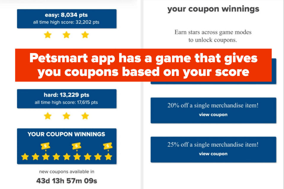 Caption: "Petsmart app has a game that gives you coupons based on your score" with image showing coupon winnings