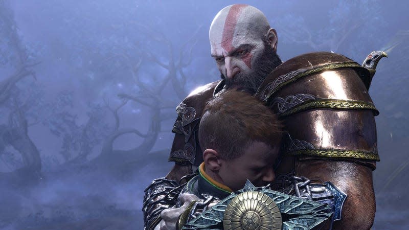 Kratos hugs his son tightly in a foggy forest. 