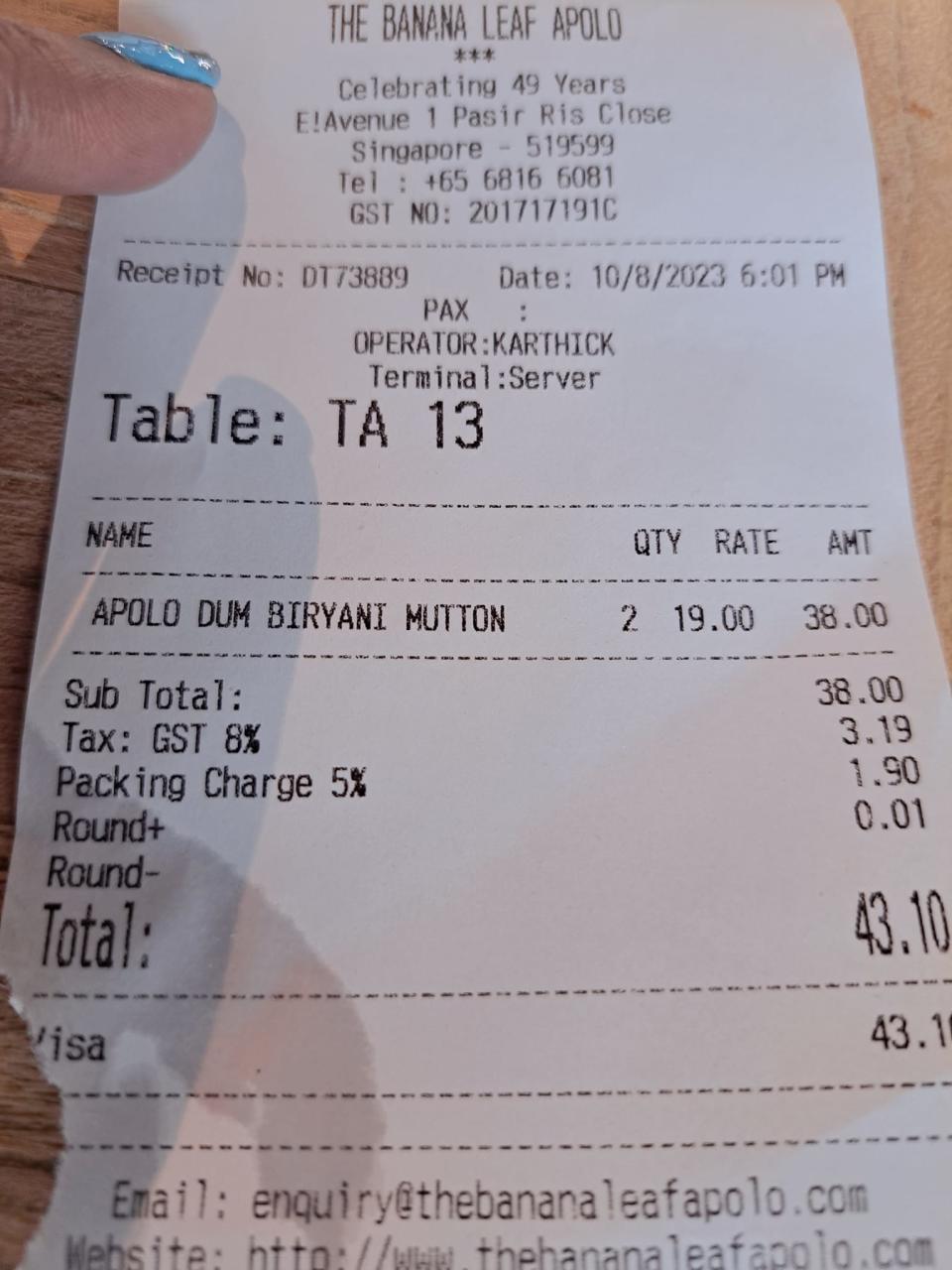 Banana Leaf Apolo - Takeaway receipt