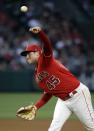 Los Angeles Angels starting pitcher Tyler Skaggs throws to an Oakland Athletics batter during the fourth inning of a baseball game Saturday, June 29, 2019, in Anaheim, Calif. (AP Photo/Marcio Jose Sanchez)