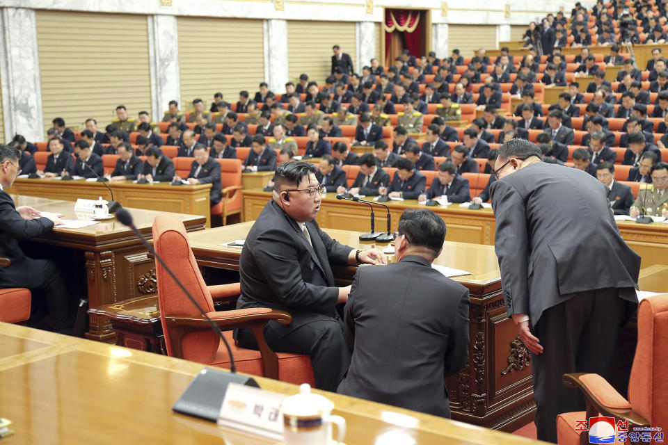 In this photo provided by the North Korean government, North Korean leader Kim Jong Un, third right, speaks with people involved during a meeting of the ruling Workers’ Party at its headquarters in Pyongyang, North Korea Sunday, Feb. 26, 2023. Independent journalists were not given access to cover the event depicted in this image distributed by the North Korean government. The content of this image is as provided and cannot be independently verified. Korean language watermark on image as provided by source reads: "KCNA" which is the abbreviation for Korean Central News Agency. (Korean Central News Agency/Korea News Service via AP)