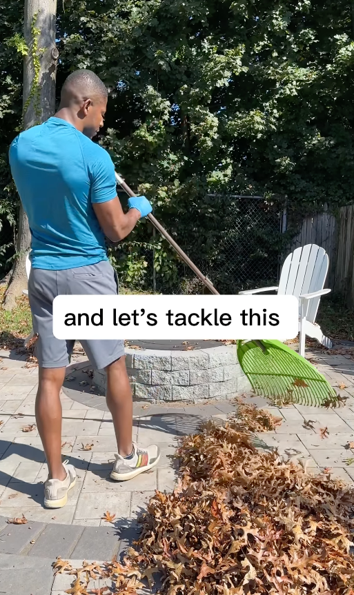 Kyshawn raking leaves with text overlay "and let's tackle this" in a garden setting