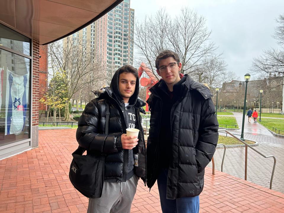 Jack Cohen, left, and Akiva Berkowitz stand outside Penn Hillel. The two University of Penn students expressed relief that president Liz Magill stepped down but said more needs to be done to address and prevent antisemitism on campus.