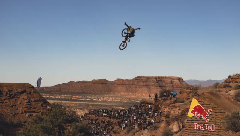 Dylan Stark rides his bike at Red Bull Rampage in Virgin, Utah, on Oct. 21, 2022.