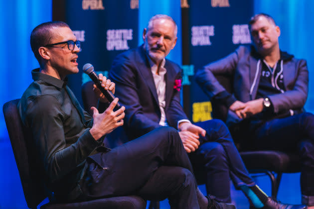 Panelists discussing the flawed brilliance of Steve Jobs (from left): baritone John Moore, librettist Mark Campbell and director Kevin Newbury. (Seattle Opera Photo / Sunny Martini)