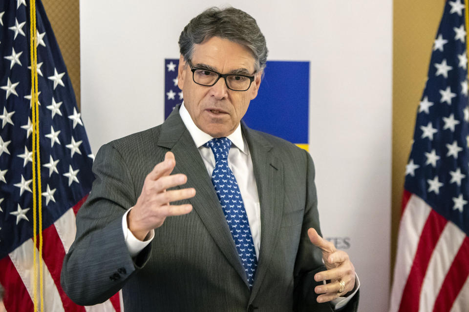 In this Nov. 12, 2018, photo provided by the U.S. Embassy in Kyiv, Energy Secretary Rick Perry speaks in Kyiv, Ukraine. Michael Bleyzer and Alex Cranberg, two political supporters of Perry secured a potentially lucrative oil-and-gas exploration deal from the Ukrainian government soon after Perry proposed one of the men as an adviser to the country’s new president. (U.S. Embassy Kyiv via AP)