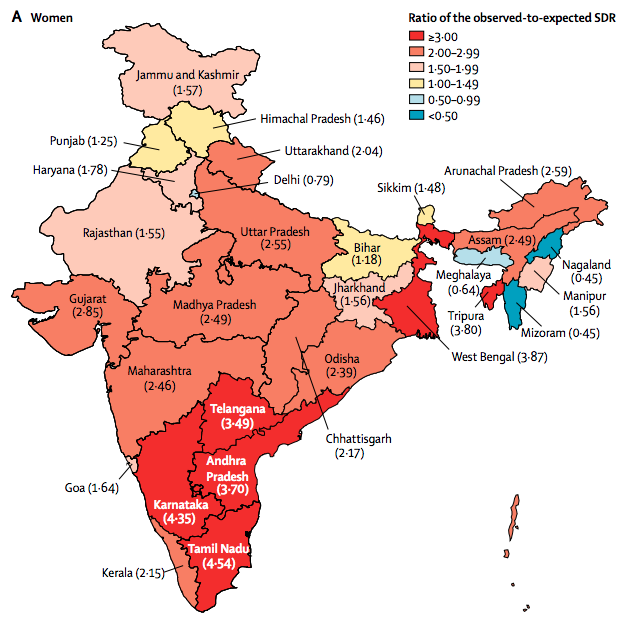 從地圖分佈看來，印度東南部的安得拉邦、卡納塔克邦等地自殺比例偏高。（IHME網站）
