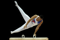 Louis Smith of Great Britain in action on the Pommel Horse during day one of the Men's Gymnastics Olympic Qualification round at North Greenwich Arena on January 10, 2012 in London, England. (Photo by Ian Walton/Getty Images)