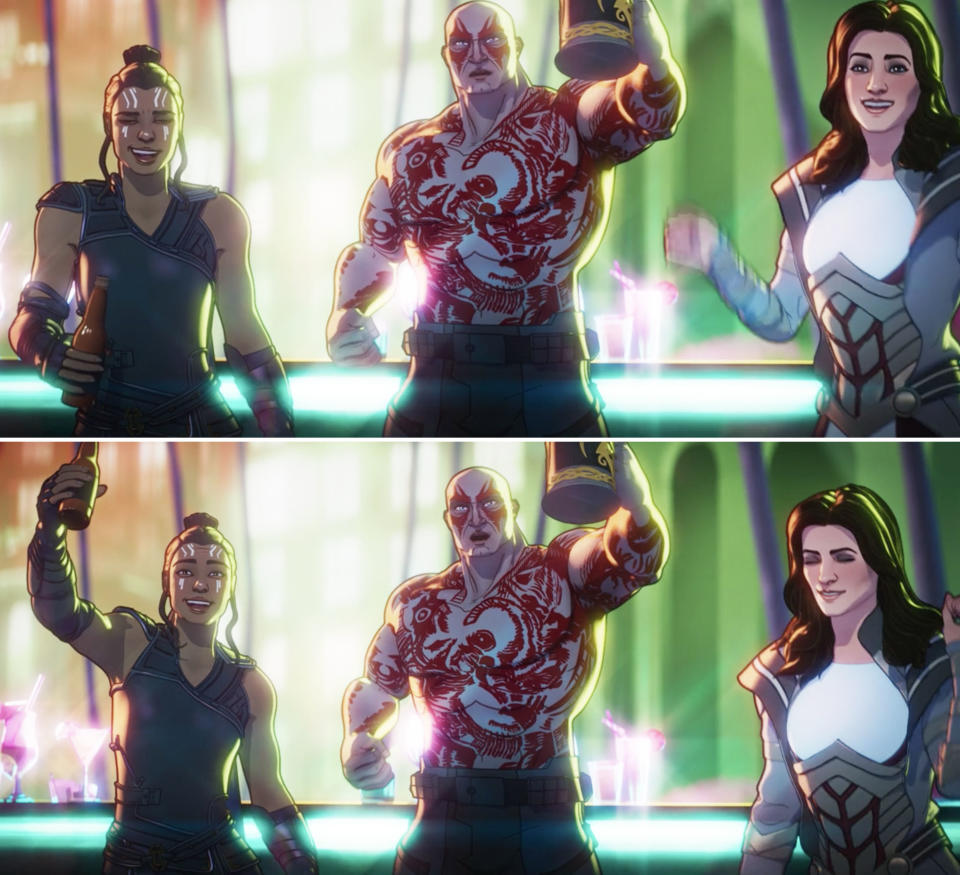 Animated Valkyrie, Drax, and Sif