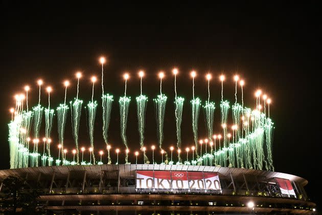 Fireworks light up the sky over the Olympic Stadium.  (Photo: KAZUHIRO NOGI via Getty Images)