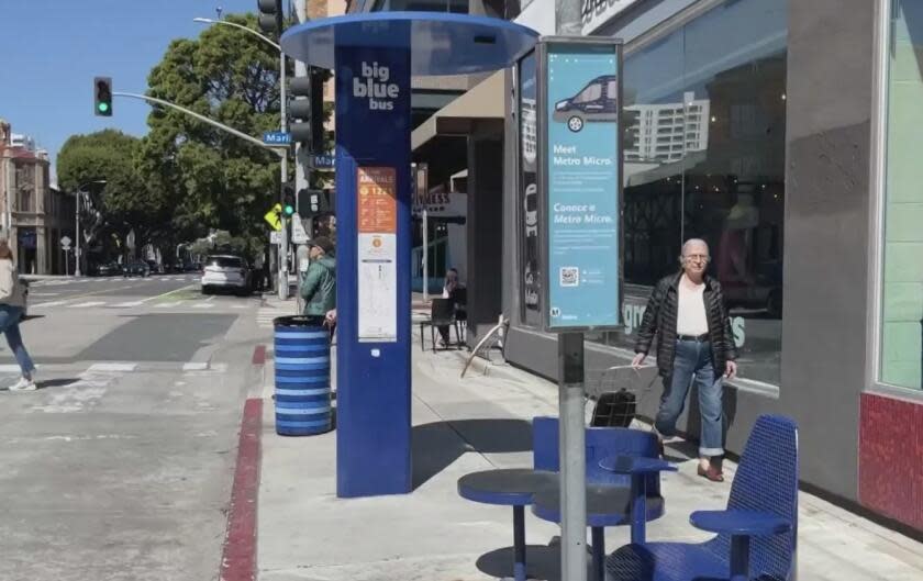 Bus stop in Santa Monica where a 6-year-old girl was attacked by a homeless man on March 10, 2024. (KTLA)