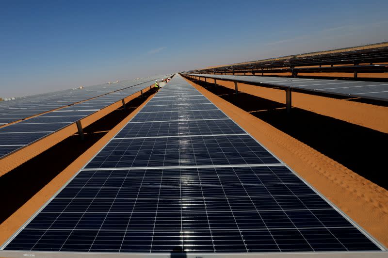 Electric sun cells face the sun at a solar power of the Benban plant in Aswan