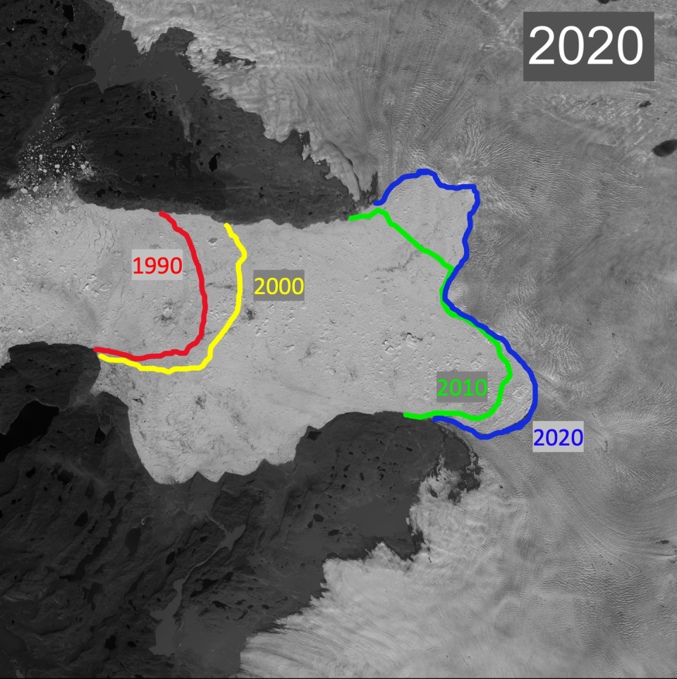 A map showing the extent of glacial retreat since 1990.