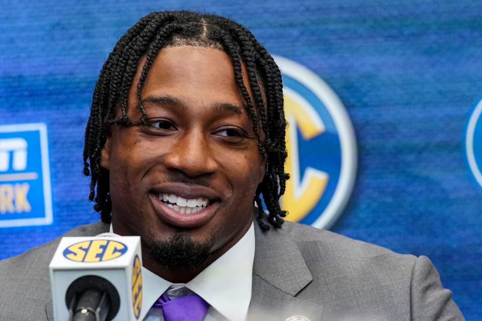 Jul 18, 2022; Atlanta, GA, USA; LSU Tigers player BJ Ojulari is interviewed during SEC Media Days at the College Football Hall of Fame. Mandatory Credit: Dale Zanine-USA TODAY Sports