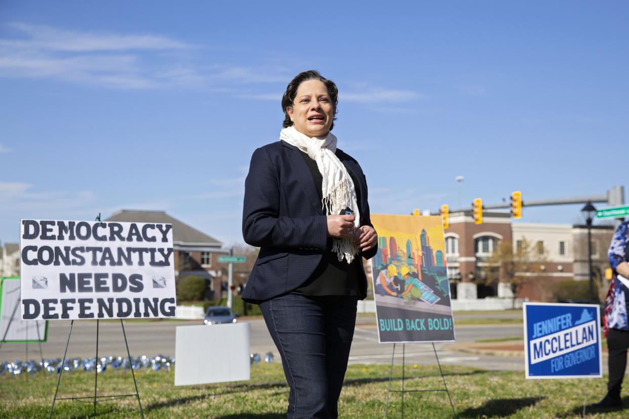 Jennifer McClellan speaks at a rally.