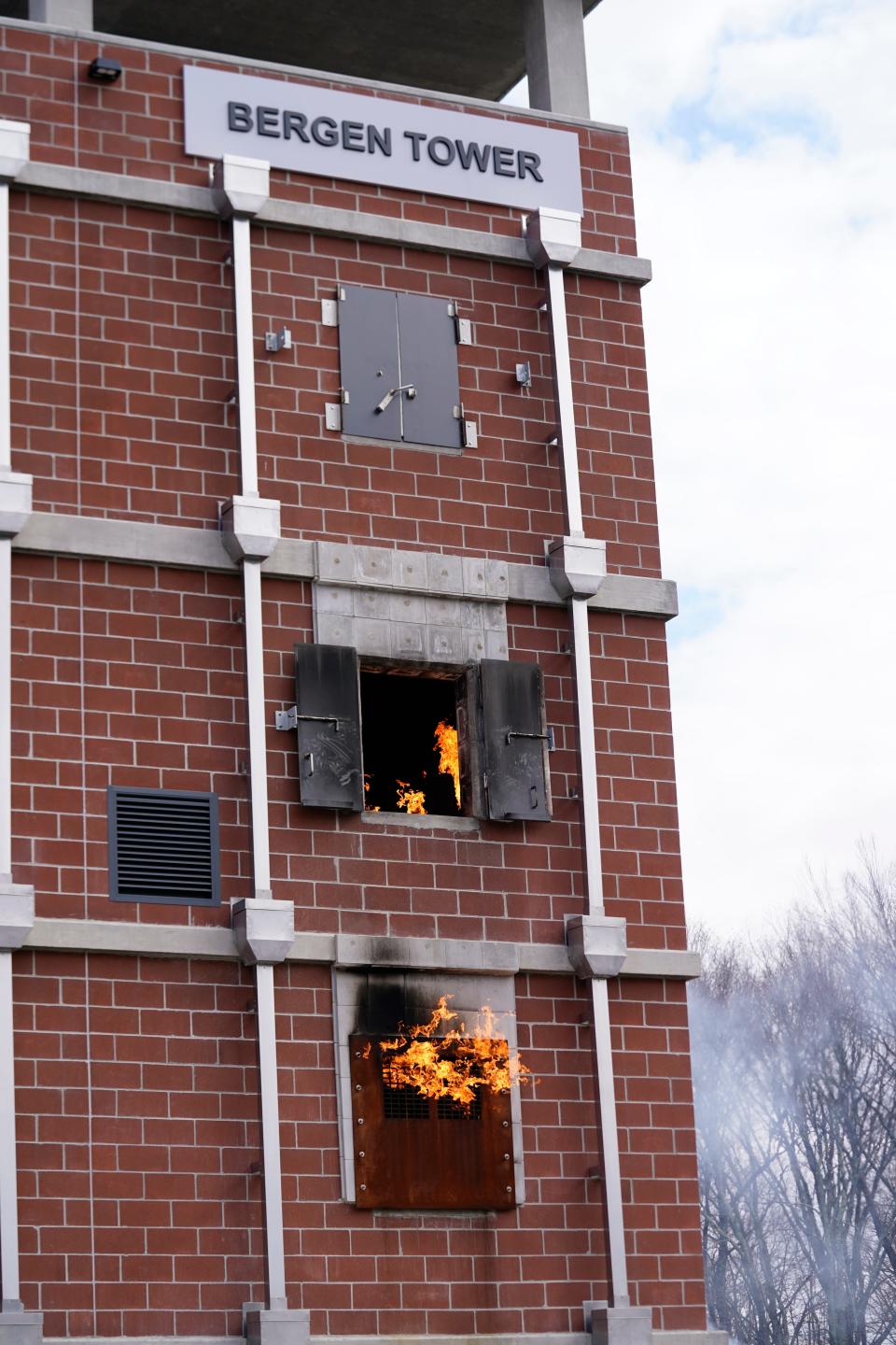 A multi-level fire simulation takes place in the Bergen Tower, one of the fire training facilities at the Bergen County Law and Public Safety Institute (LPSI) in Mahwah on Tuesday, March 28, 2023.