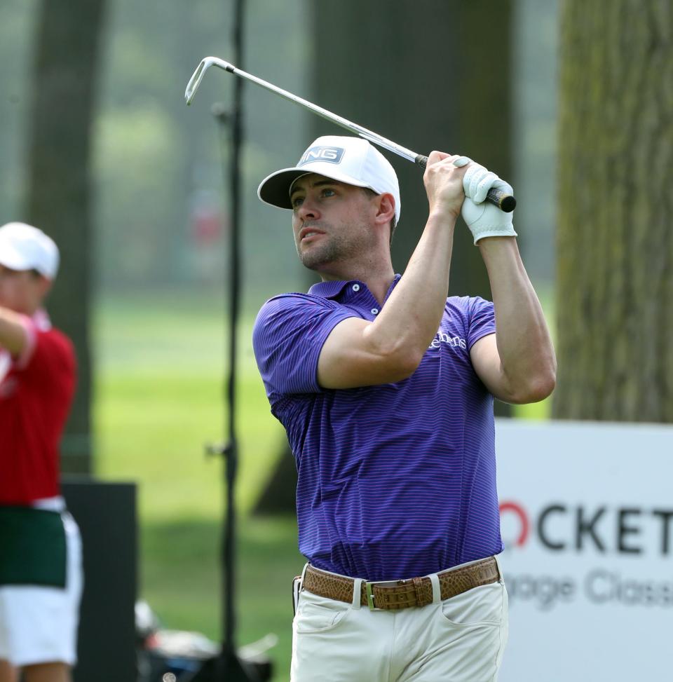 Taylor Moore tees off on the fifth hole during Round 2 of the Rocket Mortgage Classic on Friday, June 29, 2023, at the Detroit Golf Club.