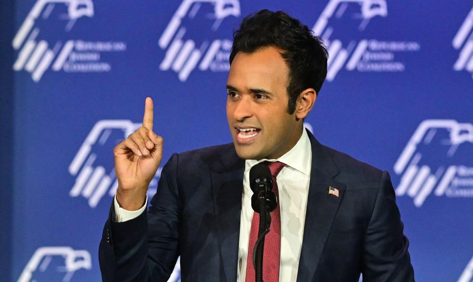 US Republican presidential candidate Vivek Ramaswamy speaks at the Republican Jewish Coalition (RJC) Annual Leadership Summit on October 28, 2023 at the Venetian Conference Center in Las Vegas, Nevada.