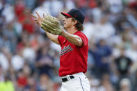 Cleveland Guardians relief pitcher James Karinchak celebrates after striking out Houston Astros' Jose Altuve during the eighth inning of a baseball game, Saturday, Aug. 6, 2022, in Cleveland. (AP Photo/Ron Schwane)