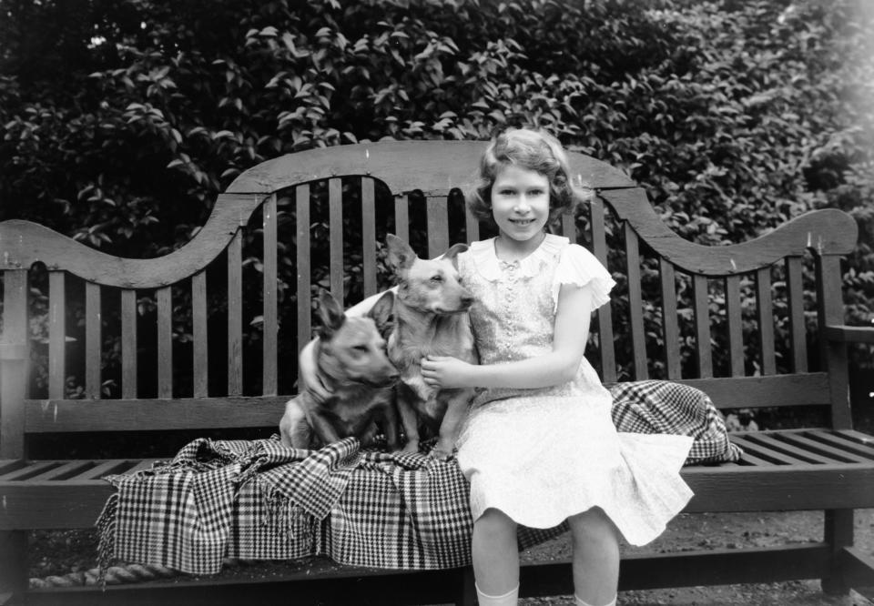 July 1936:  Princess Elizabeth sitting on a garden seat with two corgi dogs at her home on 145 Piccadilly, London.  (Photo by Lisa Sheridan/Studio Lisa/Getty Images)