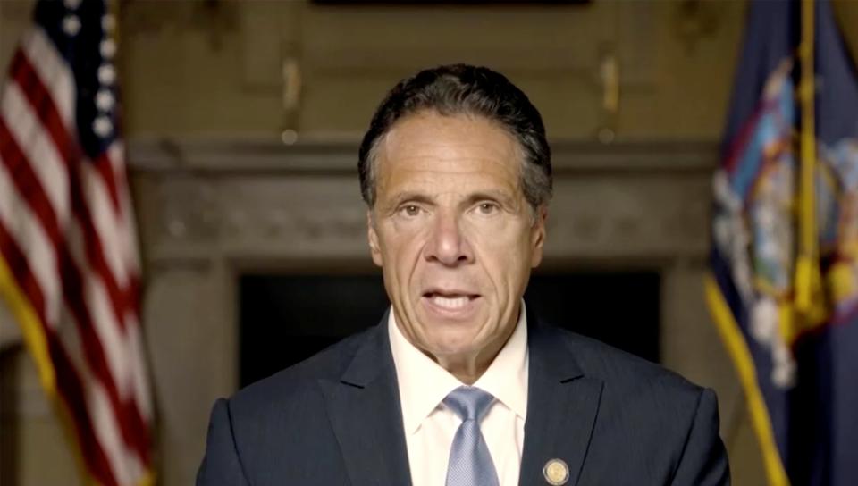 New York Governor Andrew Cuomo makes a statement in this screen grab taken from a pre-recorded video released by Office of the NY Governor, (via REUTERS)