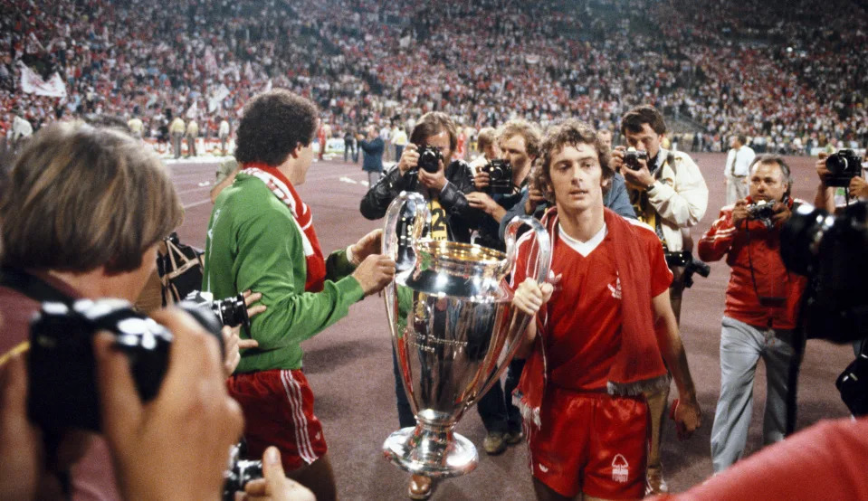 Winning goalscorer Trevor Francis and goalkeeper Peter Shilton parade the trophy after the 1979 European Cup Final between Nottingham Forest and Malmo