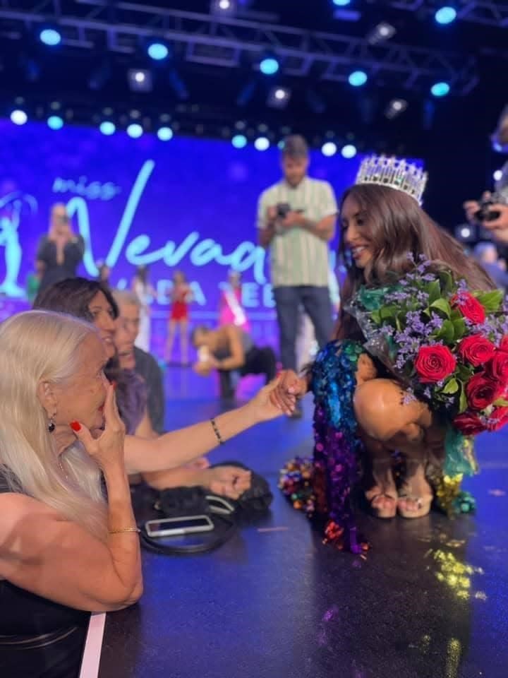 A photo of Kataluna Enriquez greeting a woman after being crowned Miss Nevada USA on June 27, 2021.